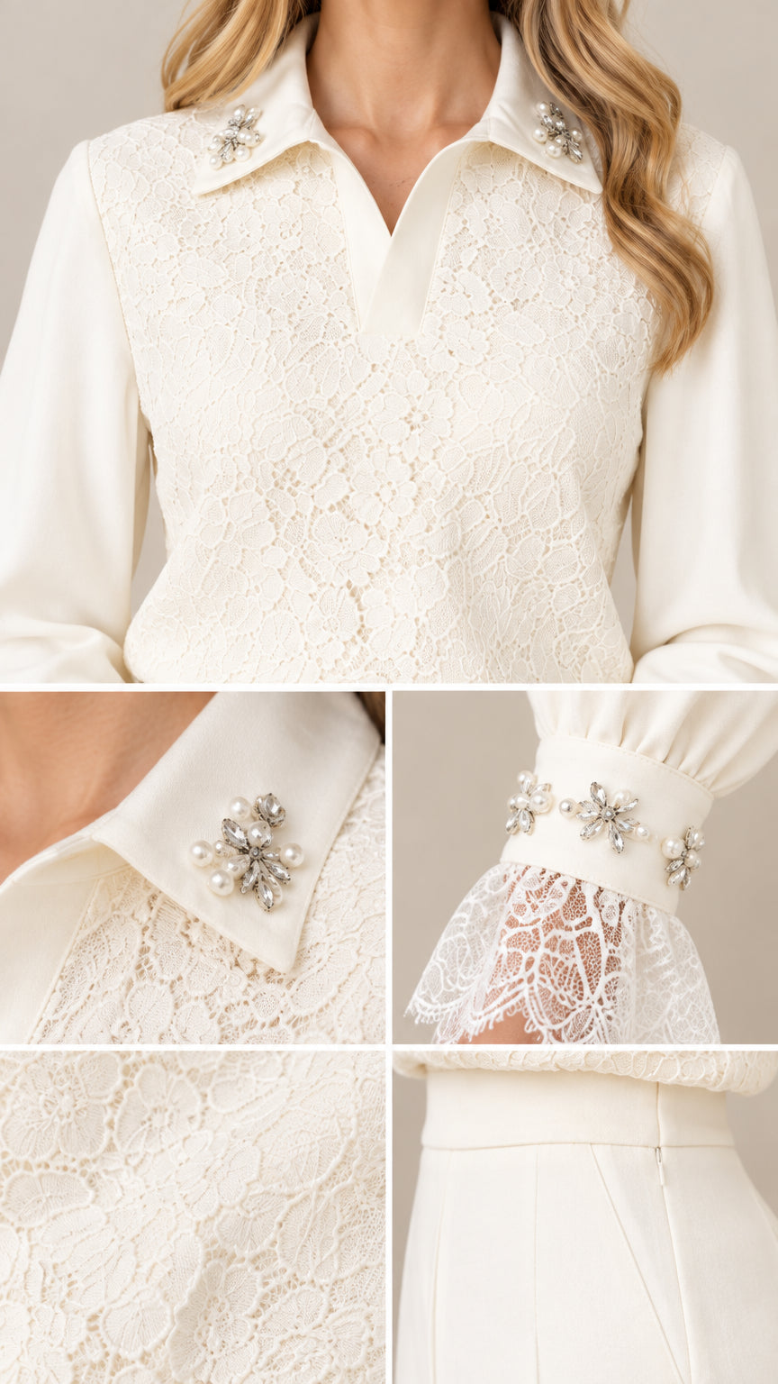 Close-up details of rhinestone collar brooch, floral lace overlay, and embellished cuffs