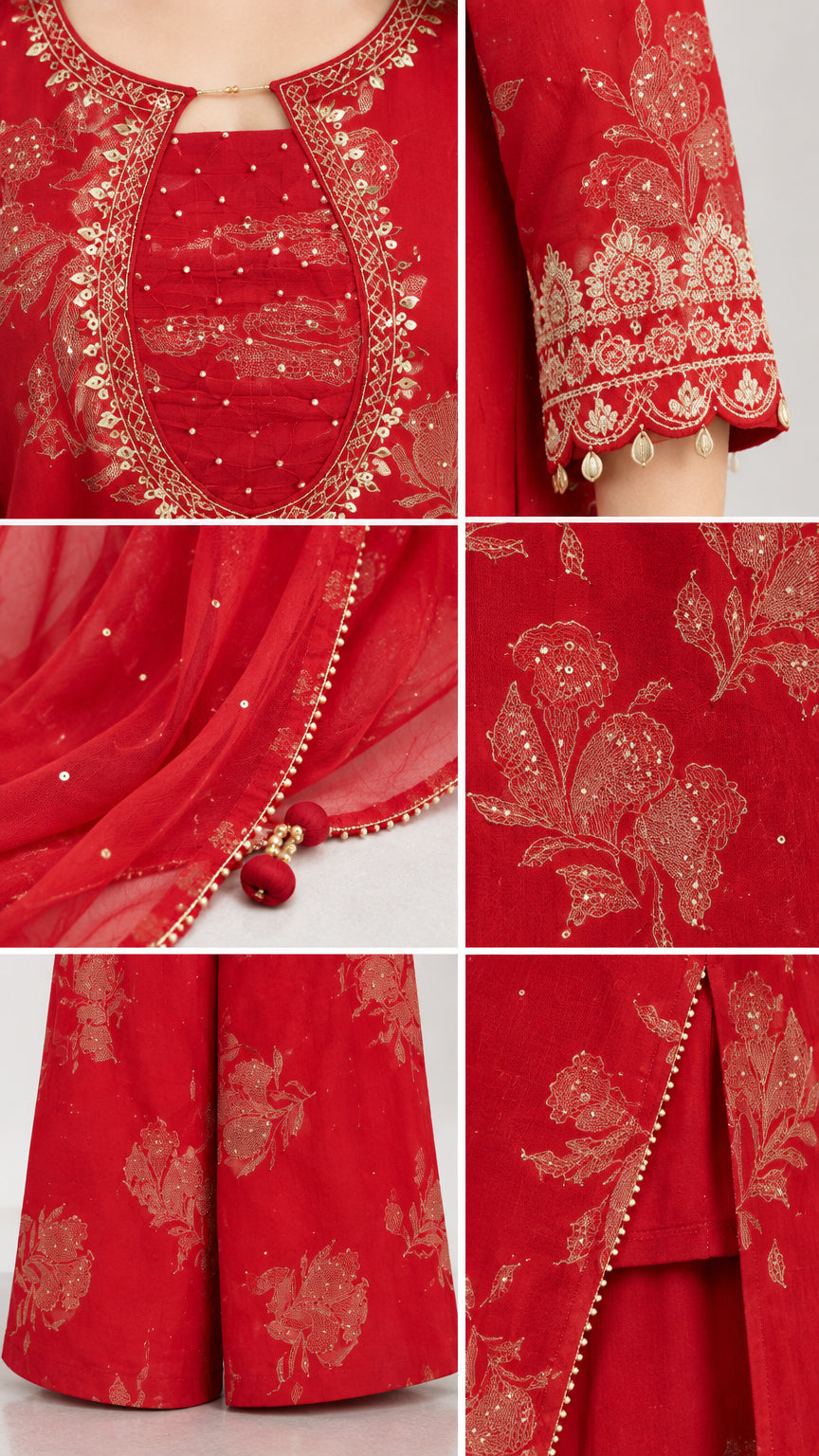 Close-up details of embroidery on neckline, sleeves, hemline, and dupatta border