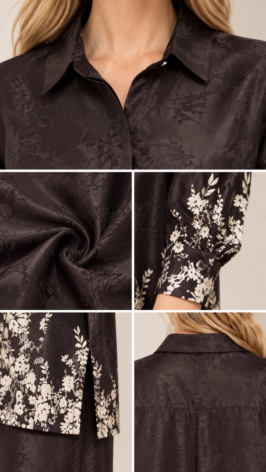 Close-up details of collar, smooth jacquard texture, floral cuffs, and hem slit on black satin set