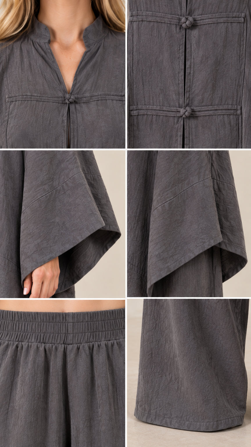 Close-up details of collar, frog knot fasteners, sleeve opening, and waistband