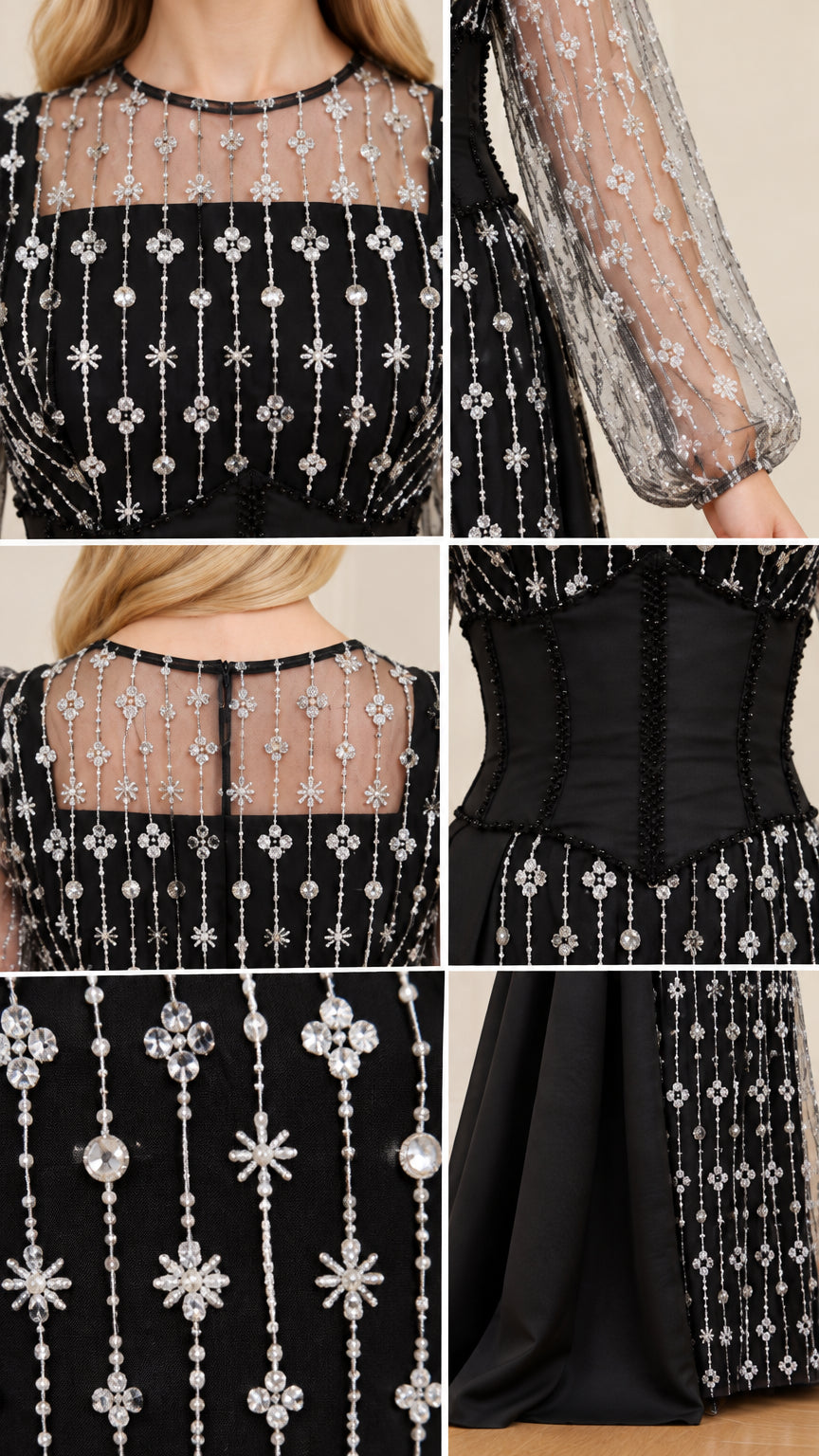 Close-up details of sheer neckline, starburst rhinestone embellishment, and corset waistband