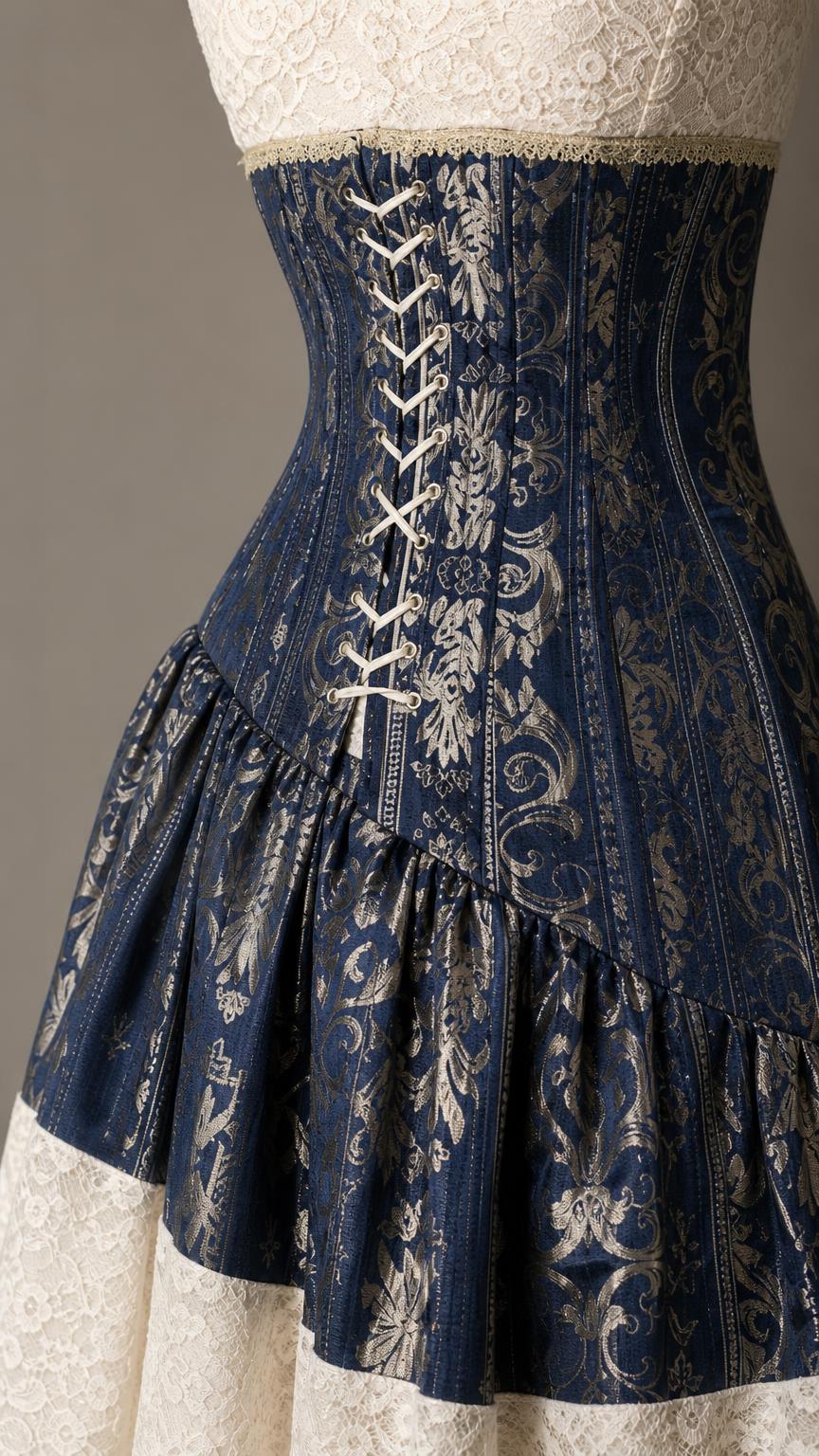 Close-up detail of blue brocade corset bodice and ruffled hem