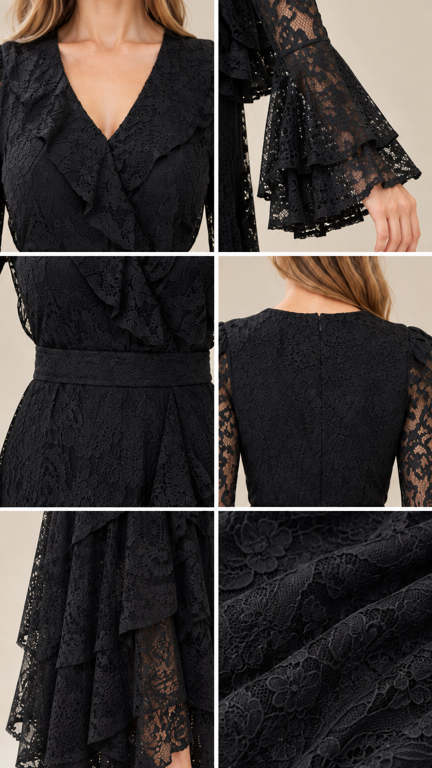 Close-up details of black lace fabric, ruffle v-neckline, and tiered bell cuff