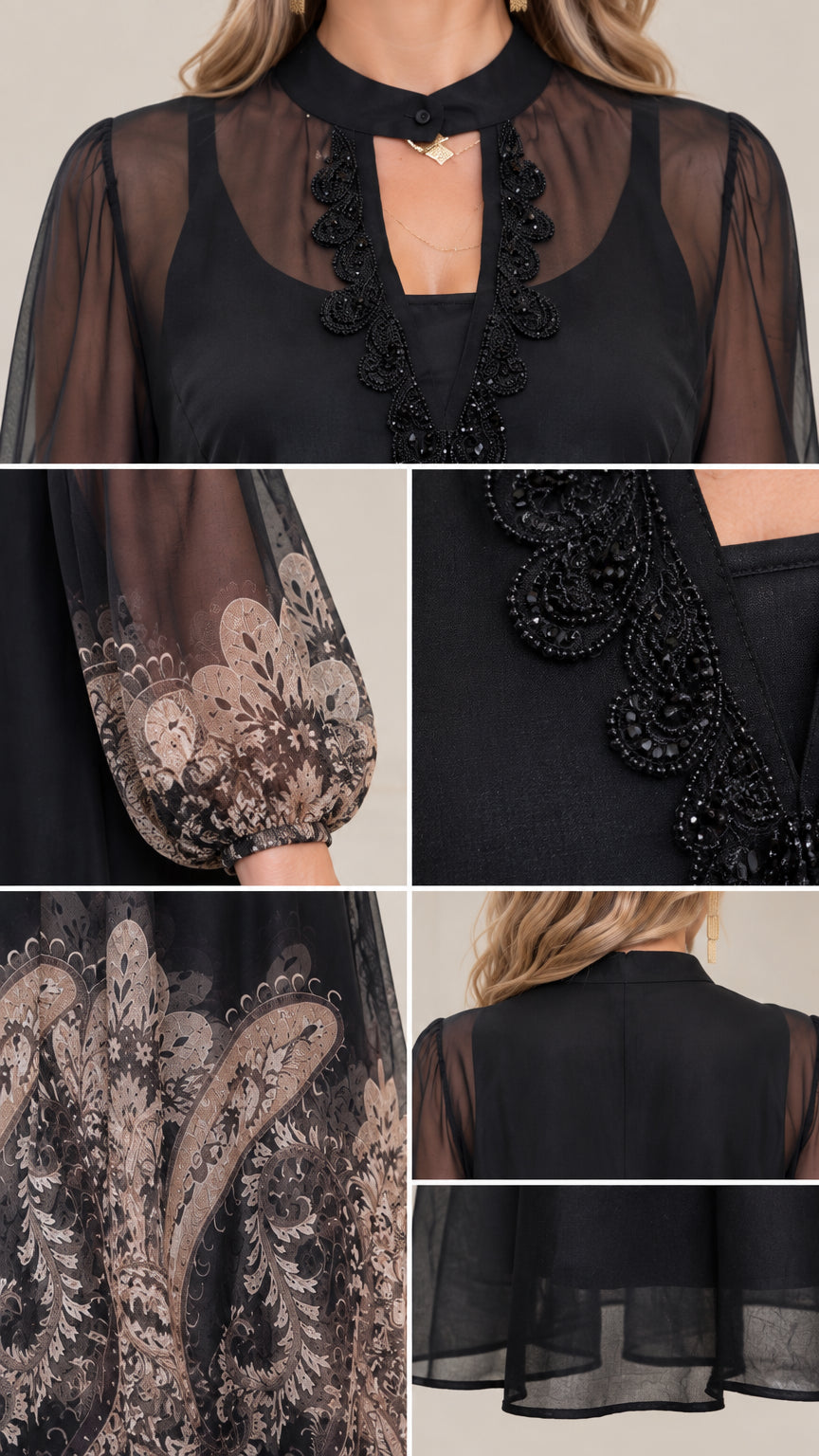 Close-up details of beaded keyhole neckline, sleeve cuff, and paisley print