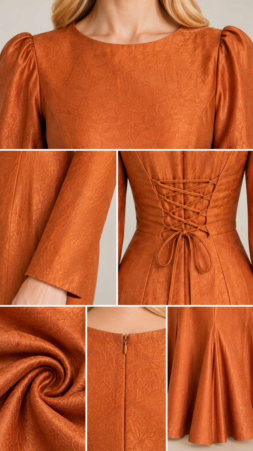 Detailed close-ups of neckline, sleeves, corset lacing, zipper, and textured jacquard fabric