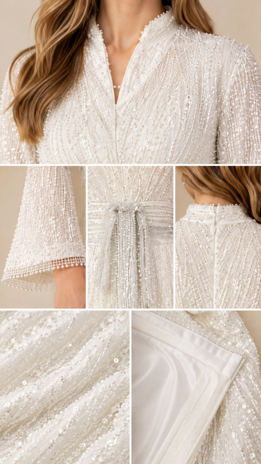 Close-up details of sequin embroidery, beaded sleeve fringe, tie belt, and inner lining
