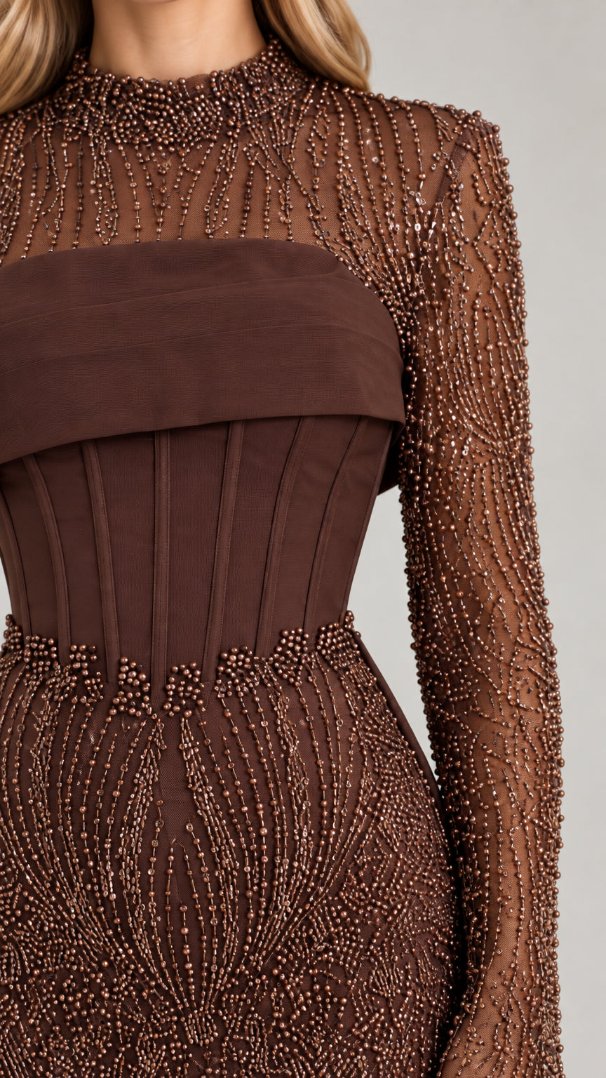 Close-up detail of illusion beaded high neck, corset boning, and intricate beadwork