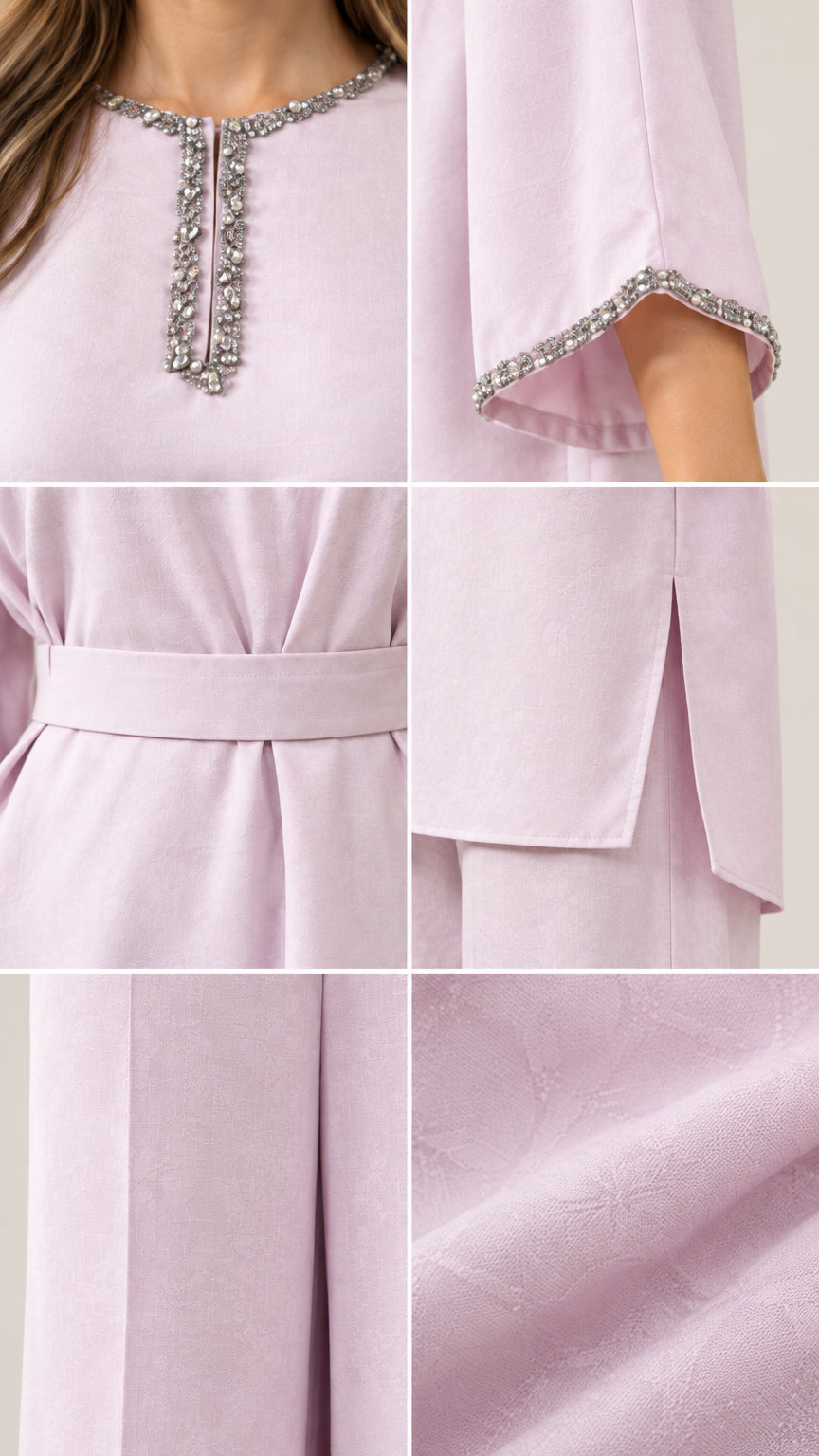 Detailed close-up collage of rhinestone neckline, sleeve cuffs, waistband, side slits, and textured fabric