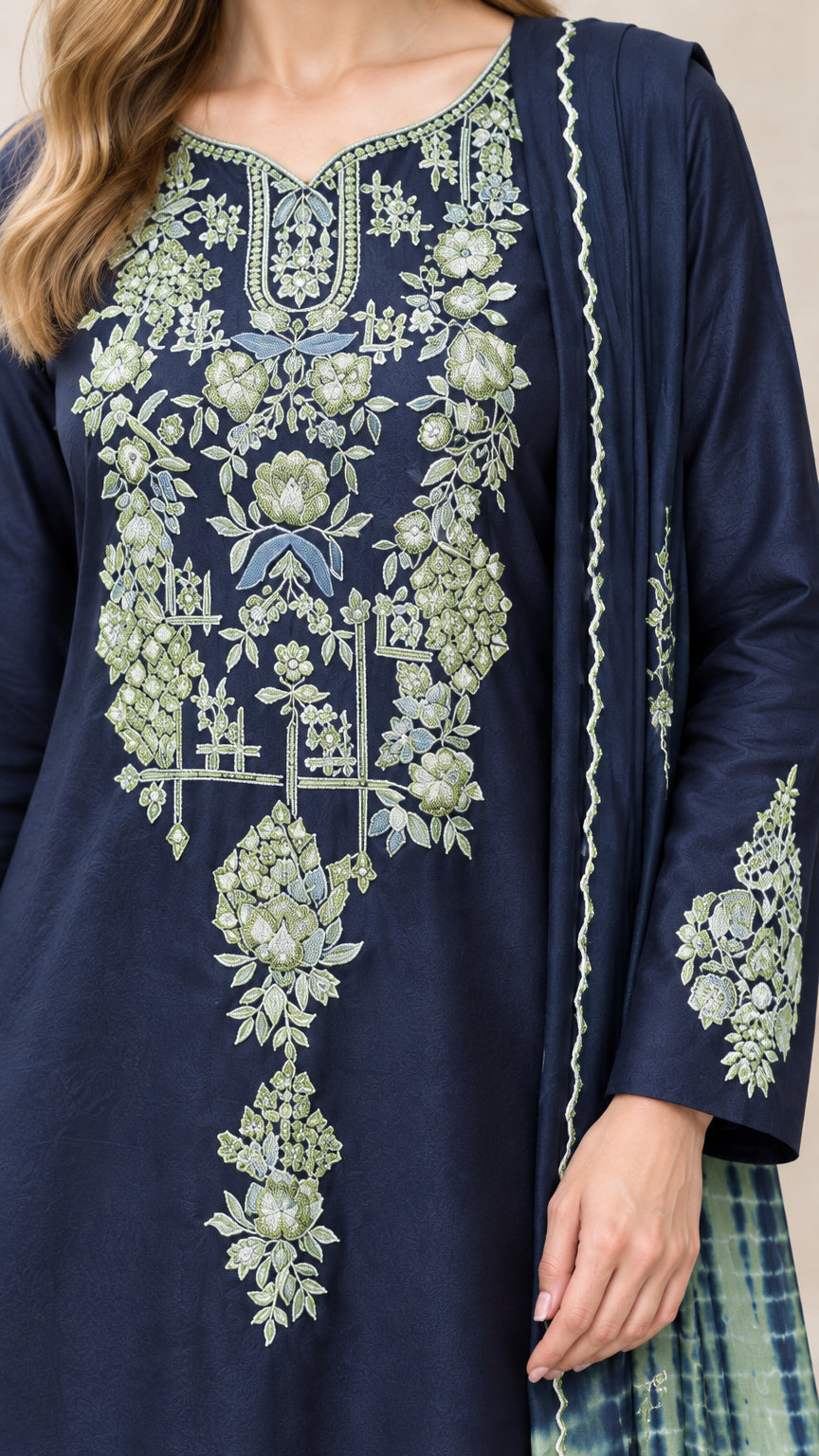 Close-up detail of sage green floral embroidery on Navy Blue kurta bodice and cuffs