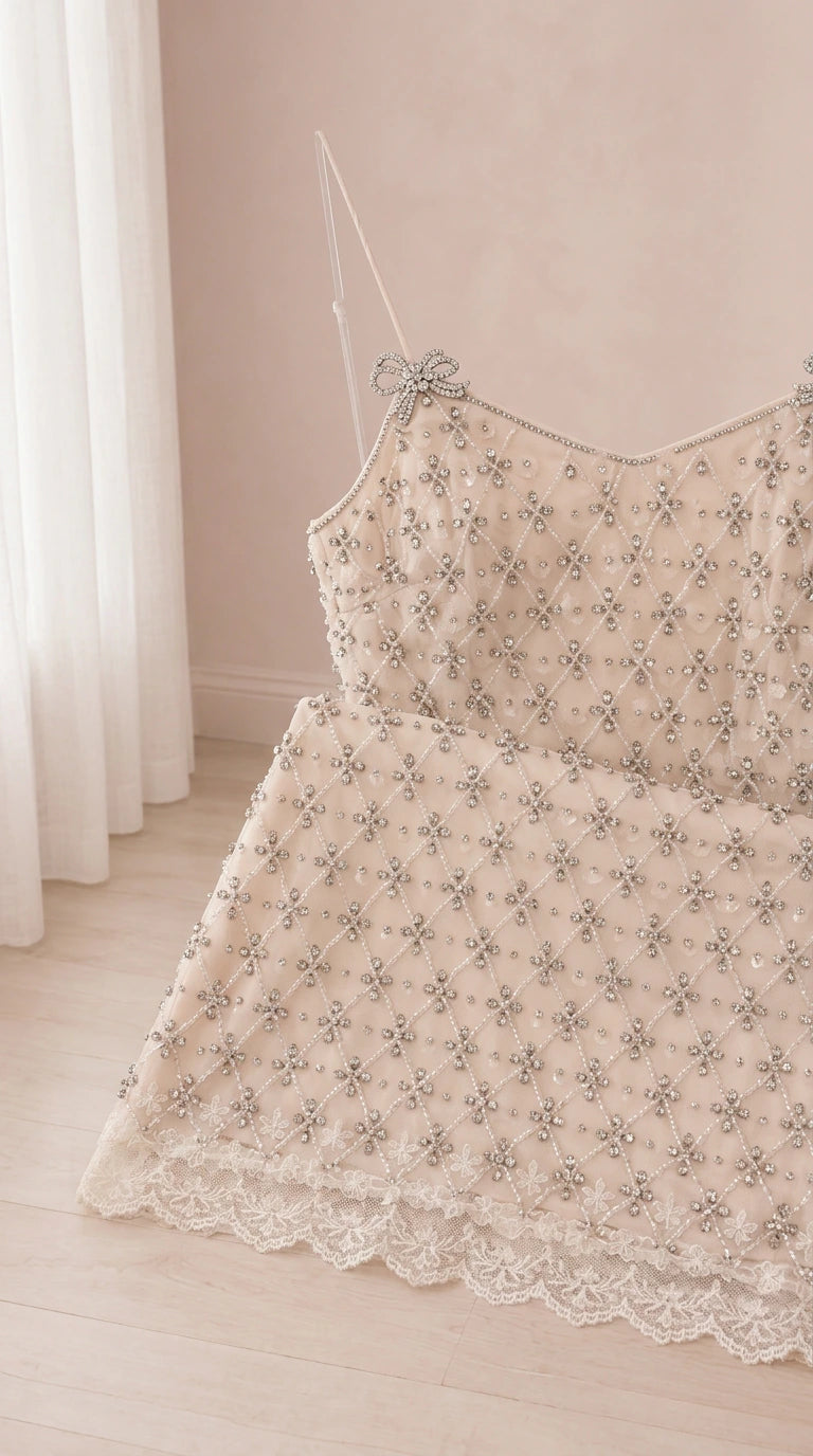 Close up of intricate lattice beading, lace hem, and bow strap detail