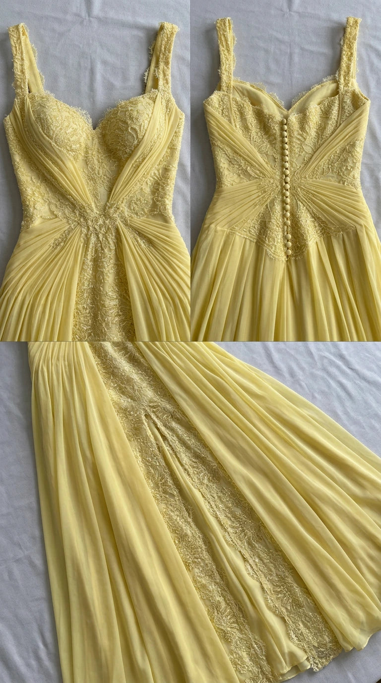 Close-up detail of yellow gown showing bodice lace, pleating, and button closures