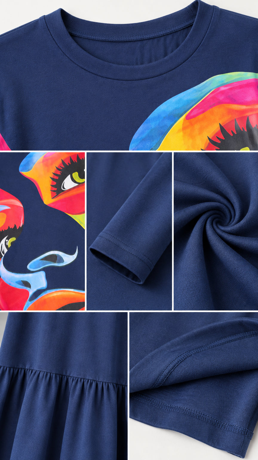 Detailed close-ups of neckline, sleeves, jersey knit texture, and tiered ruffle hem