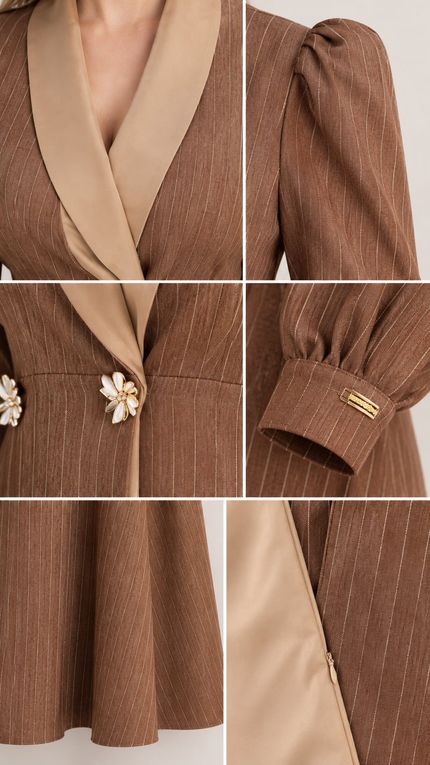 Close-up details of contrast lapel, shoulder pleating, floral crystal buttons, and cuff