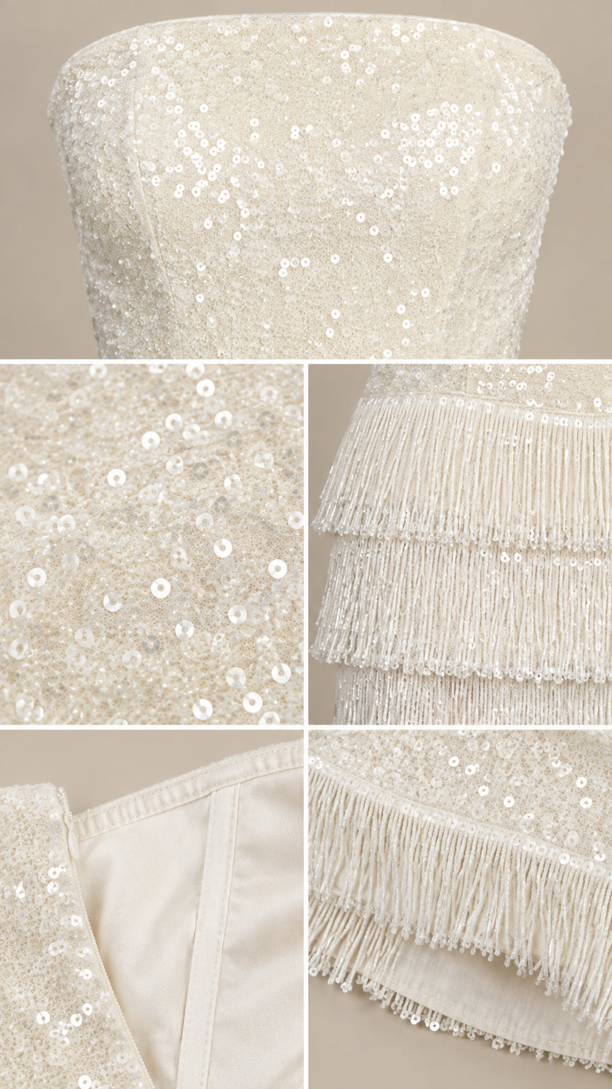 Detailed close-up of ivory sequin fabric, tiered fringe trim, and interior bodice lining