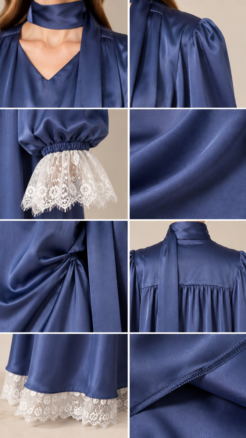 Close-up details of neckline scarf, gathered shoulders, delicate lace cuffs, and satin fabric texture