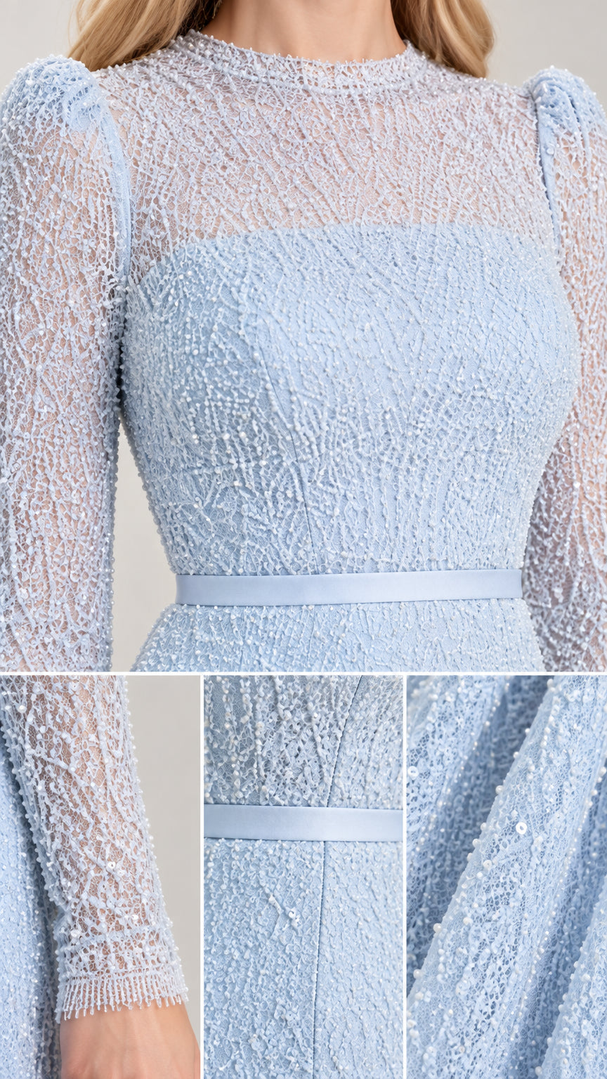 Close-up detail of textured shimmer fabric and illusion crew neckline in light blue