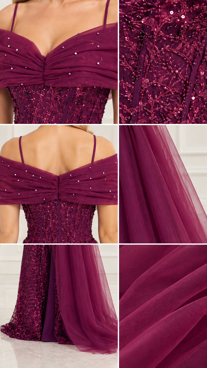 Close-up detail collage of plum dress showing sequin embroidery and tulle fabric