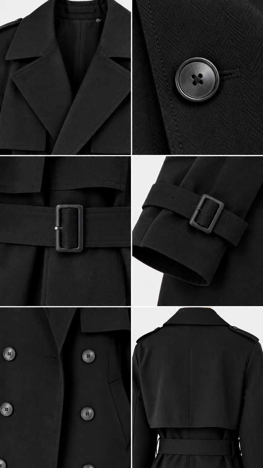 Close-up details of collar, buttons, belt buckle, and cuff straps on black trench coat