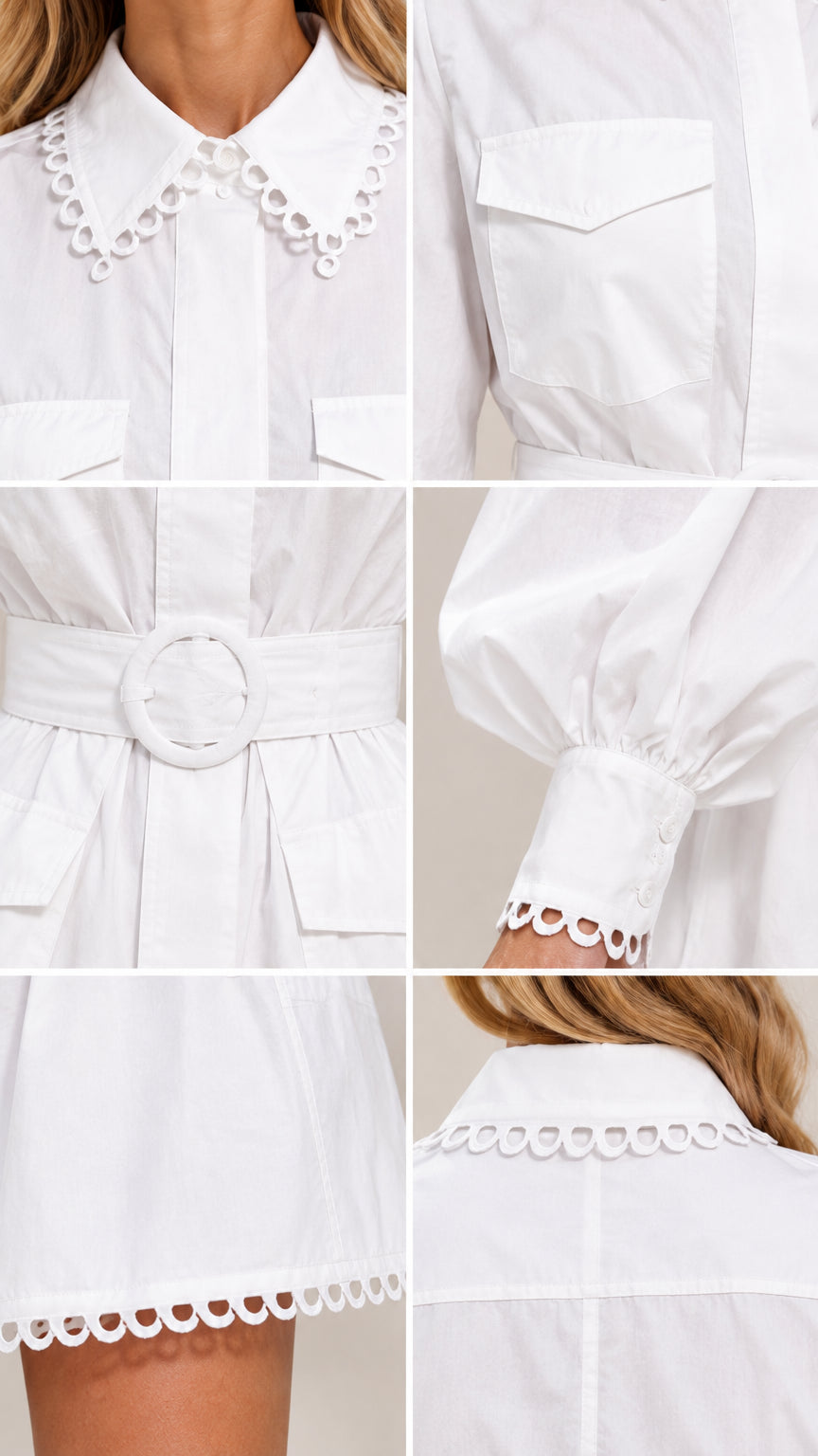 Close-up details of scalloped collar, chest flap pockets, belt buckle, and hem trim on white shirt dress