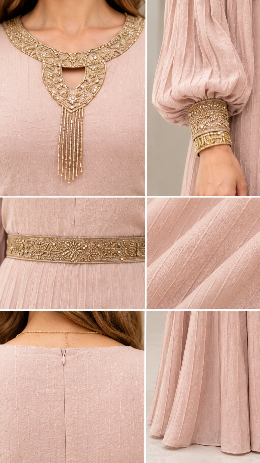 Close-up details of gold embroidery neckline, beaded waist trim, and textured pleated fabric