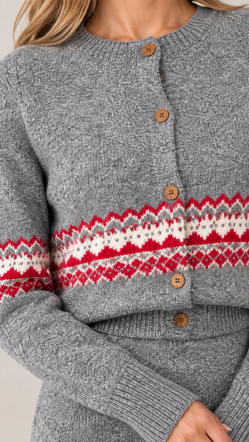 Close-up detail of Heather Grey button-up knit cardigan showing Fair Isle pattern and buttons