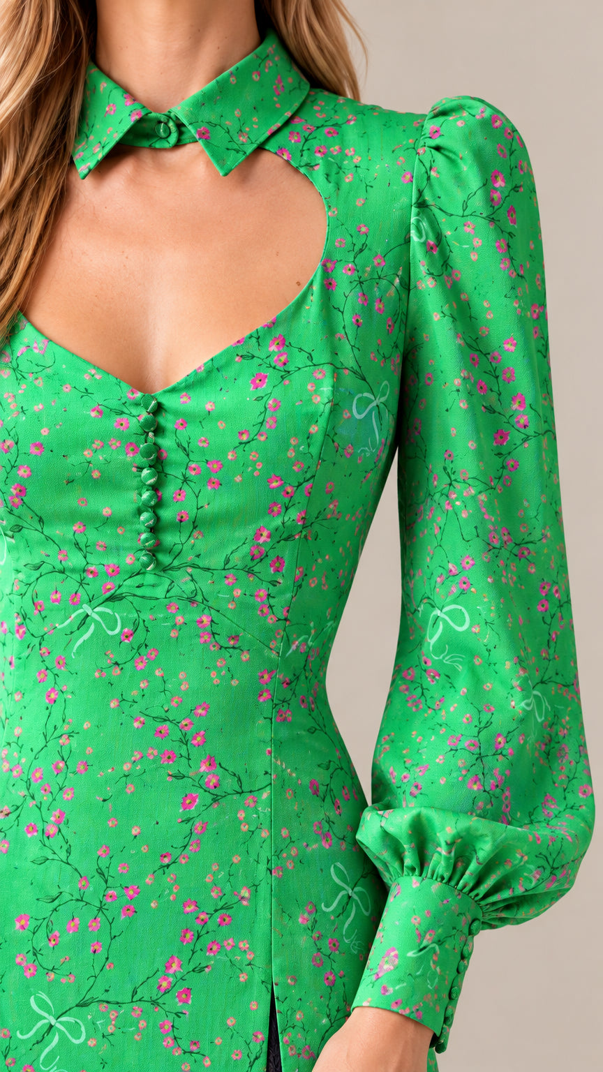 Close-up of collared sweetheart cutout neckline, button bodice, and floral print