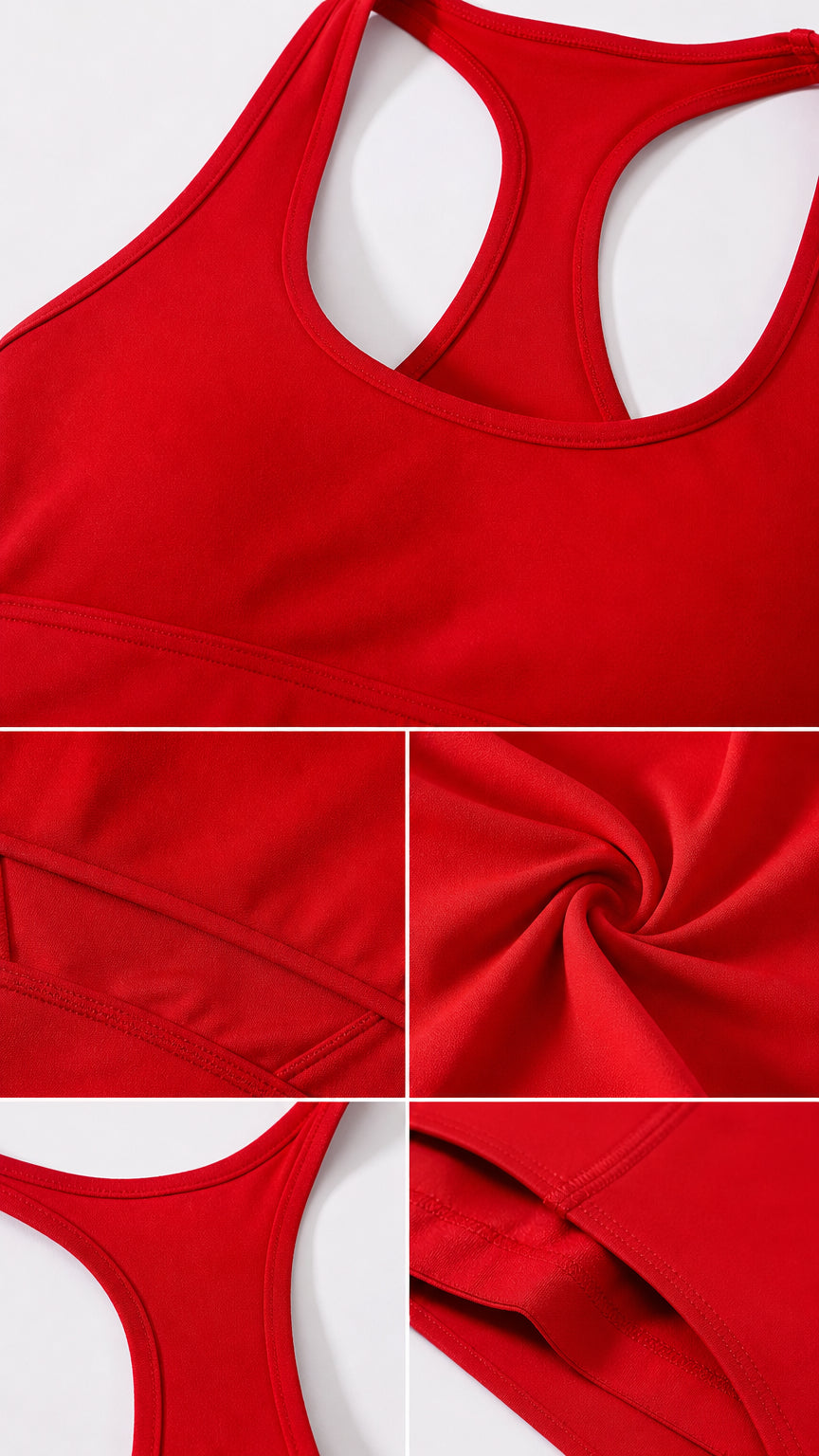Fabric and seam detail close-up shots of red halter unitard