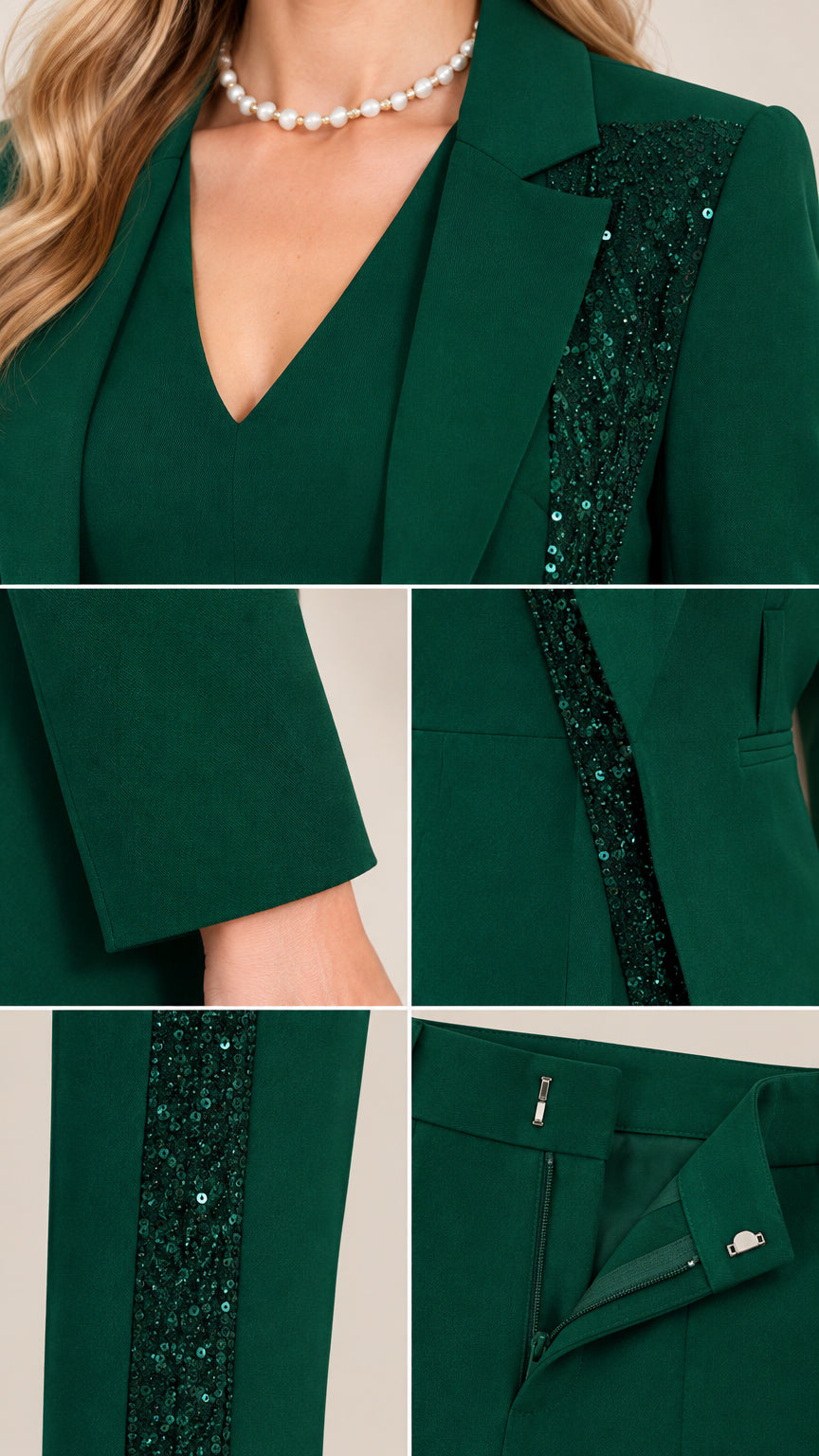 Close-up details of sequin lapel, sleeve cuff, sequin side stripe, and trouser waistband closure