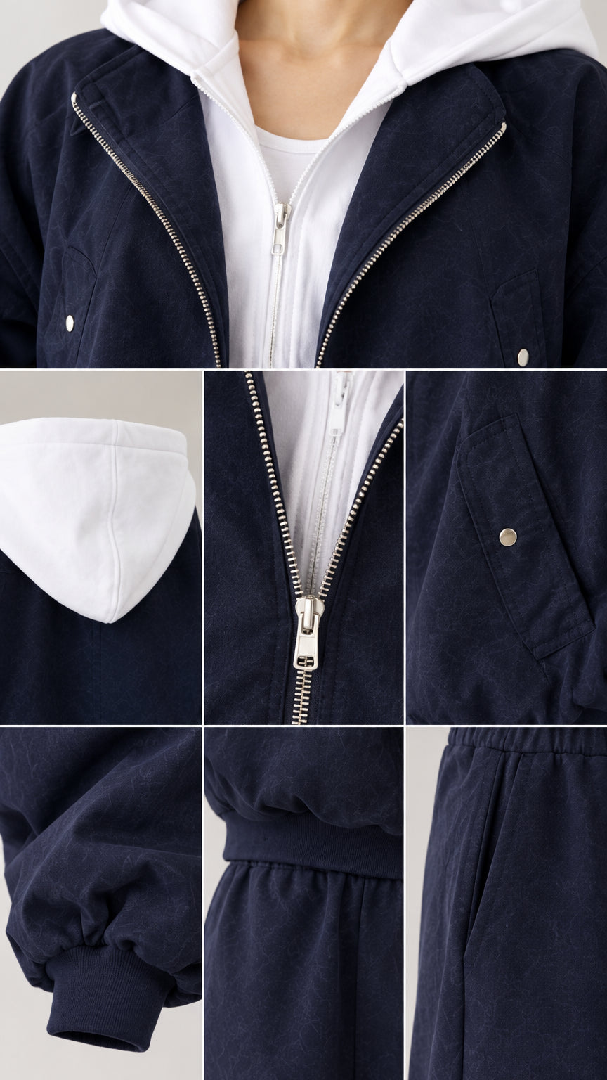 Detailed close-ups of the zipper, hood lining, snap pockets, and ribbed hem construction
