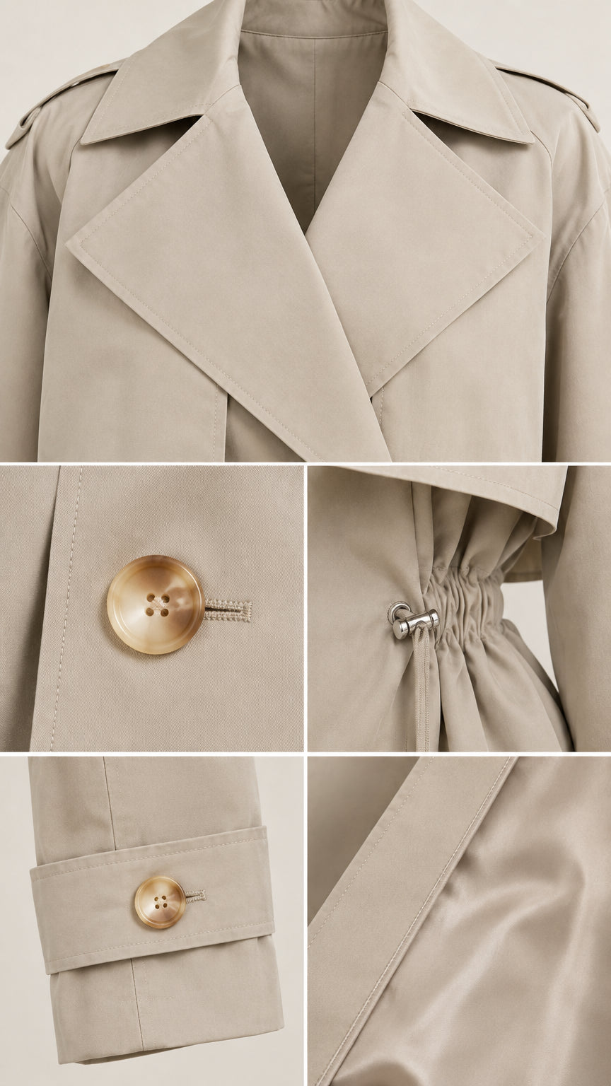 Close-up details of khaki short trench coat collar, button fastening, drawstring toggle, and cuff