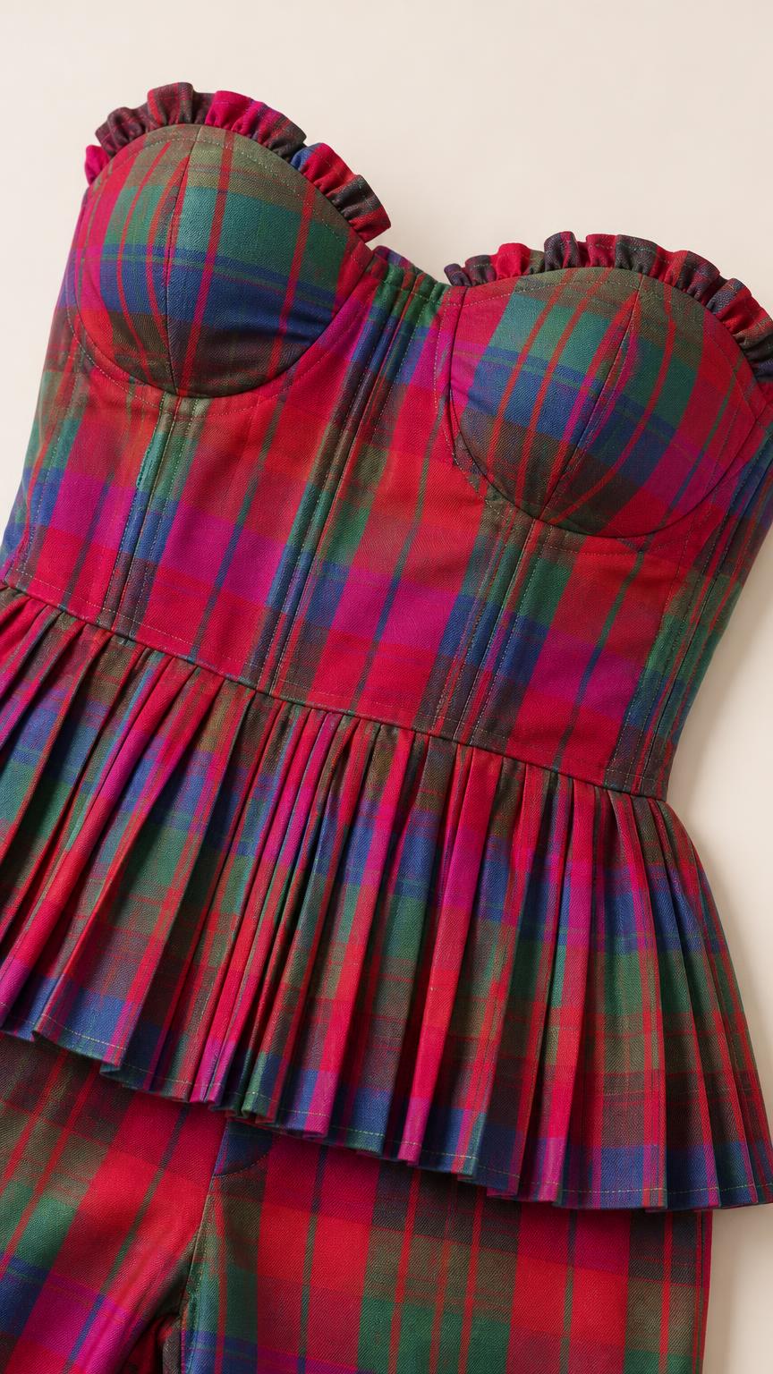 Close-up of the red multi plaid strapless corset top with peplum detail