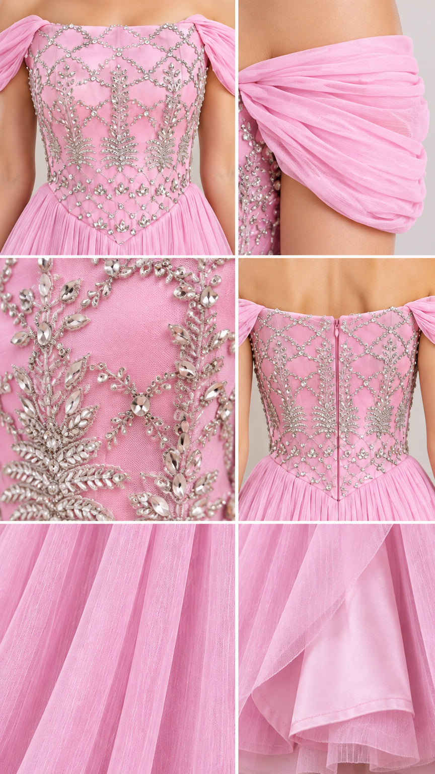 Close-up details of beaded embroidery and pleated tulle skirt on pink formal gown