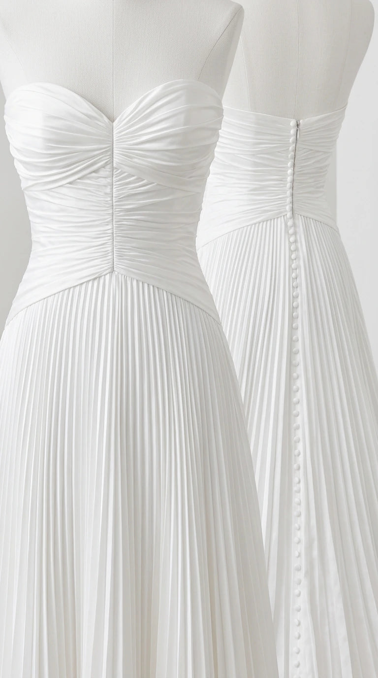 Close-up detail of white ruched bodice and button back closure on mannequin
