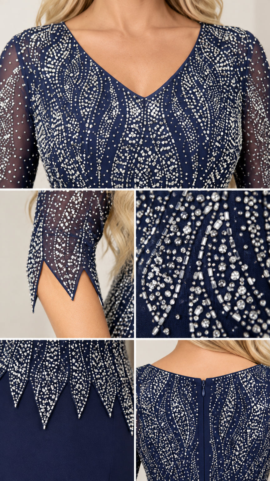 Close-up details of sparkling rhinestone swirl bodice, sleeve cuffs, and back zipper