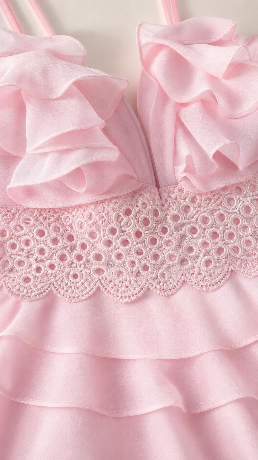 Close-up detail of bodice ruffles and lace trim in pink