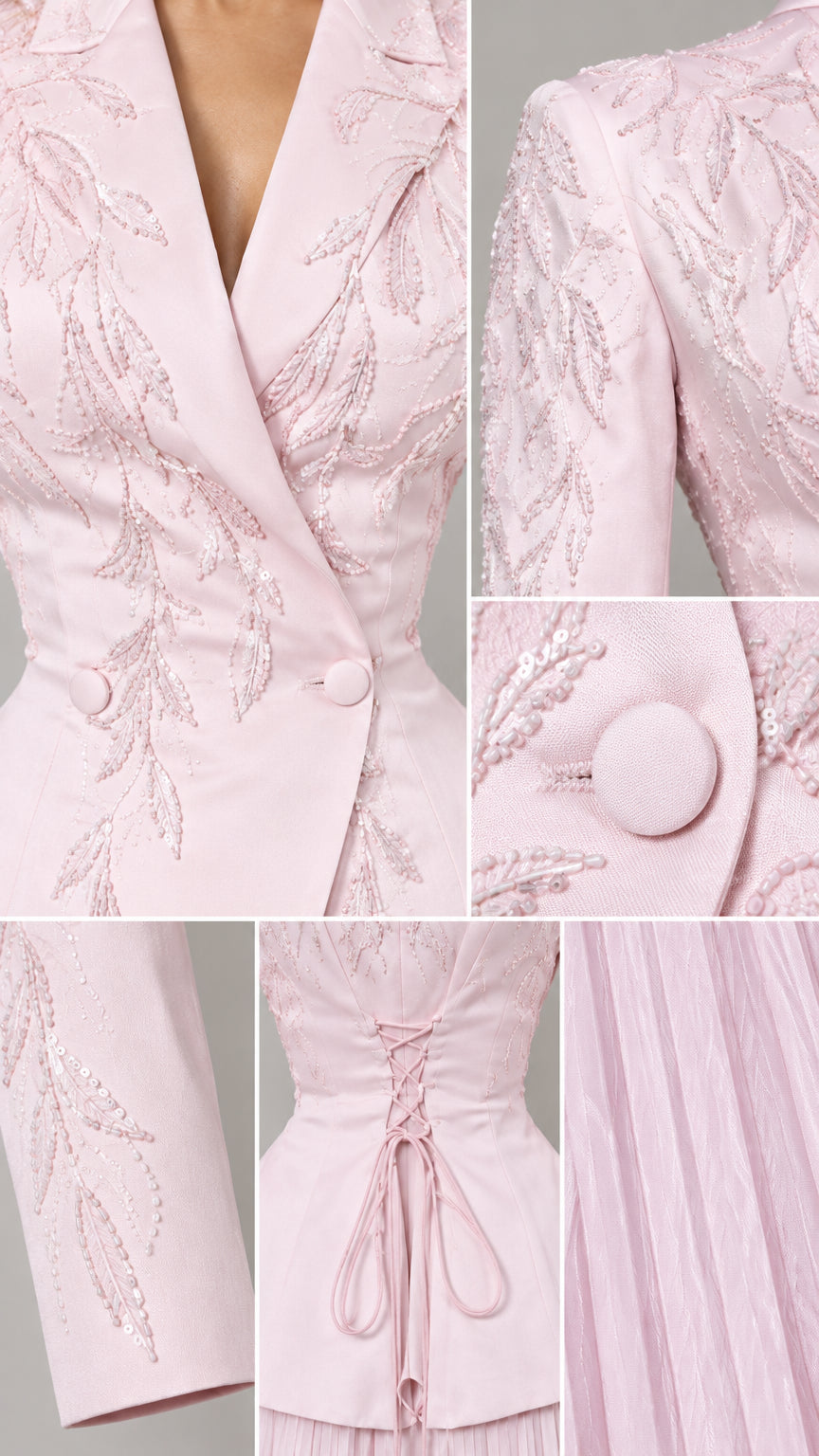 Close-up details of delicate beaded branch embroidery, buttons, and pleating on blush pink set