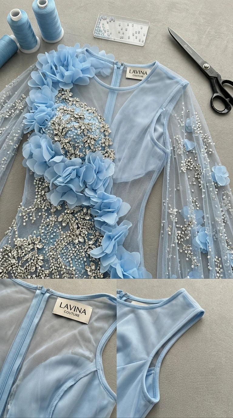 Close-up flat lay detailing the sheer mesh fabric, 3D floral petals, and beaded embroidery