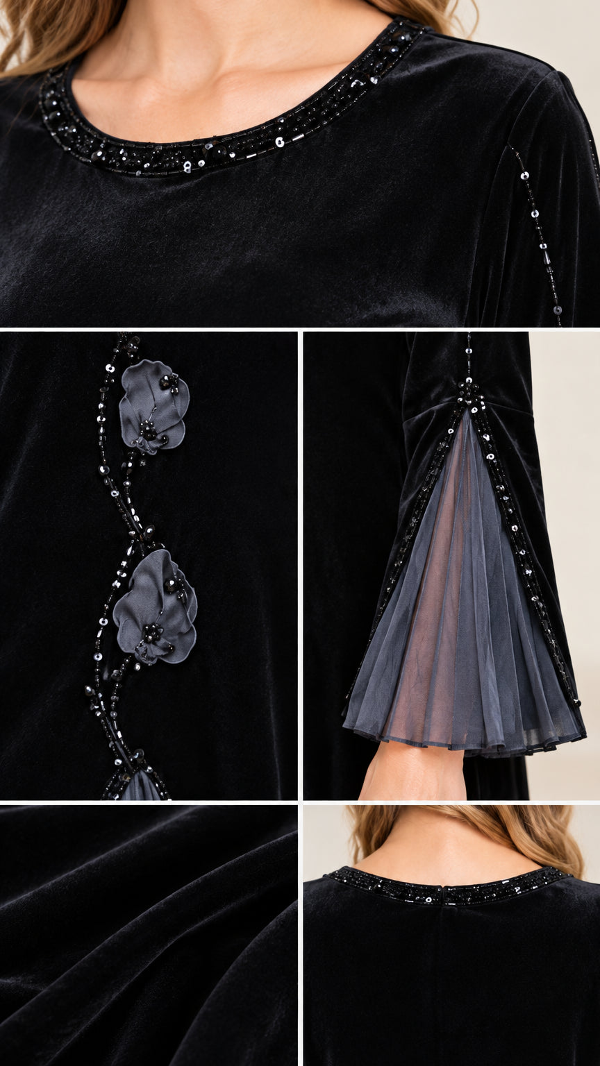 Close-up details of beaded neckline, 3D floral applique, and pleated sleeve insert
