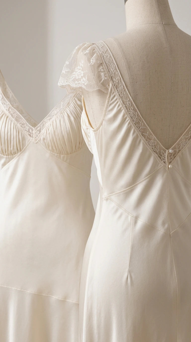 Close-up detail of cream satin fabric, ruched bust, and lace sleeve accents
