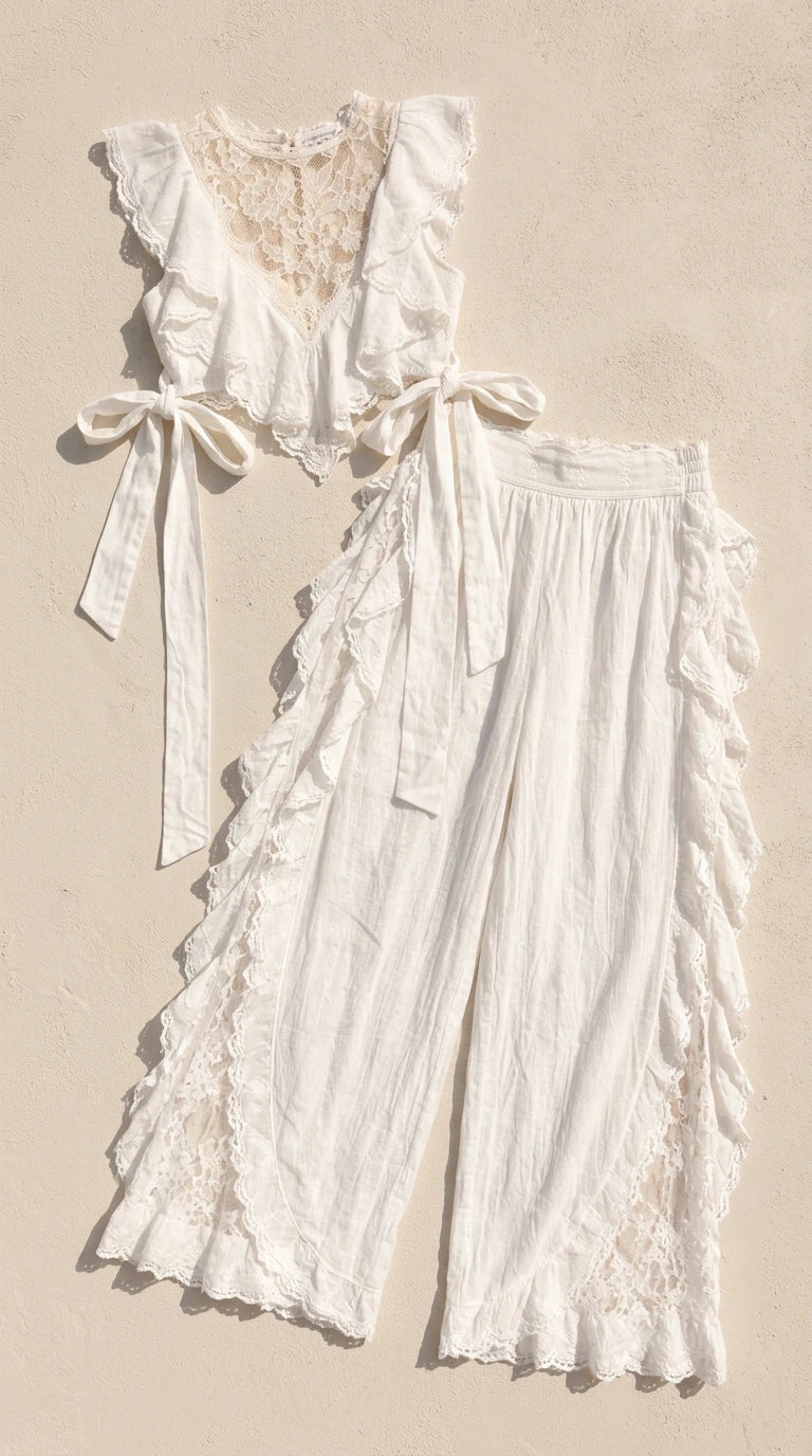 Flat lay of white lace ruffle crop top and coordinating wide-leg pants