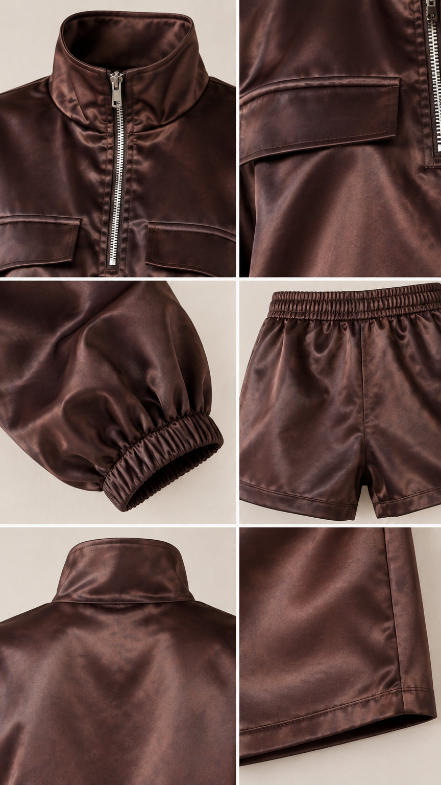 Close-up detail collage showing zipper, pocket flap, elastic cuff, and shorts waistband