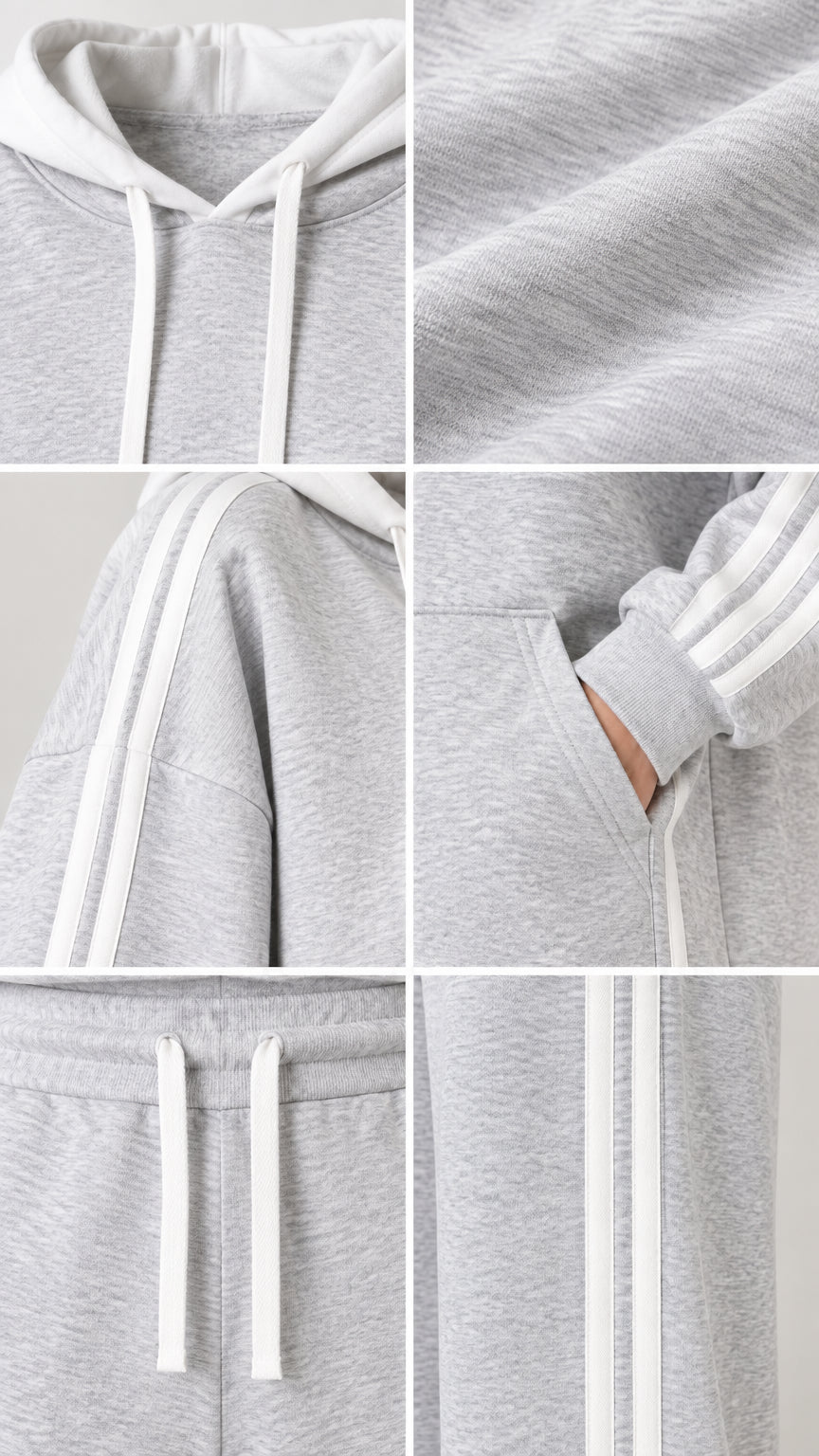 Close-up details of Heather Grey tracksuit showing drawstring hood, ribbed cuffs, pockets, and fabric texture