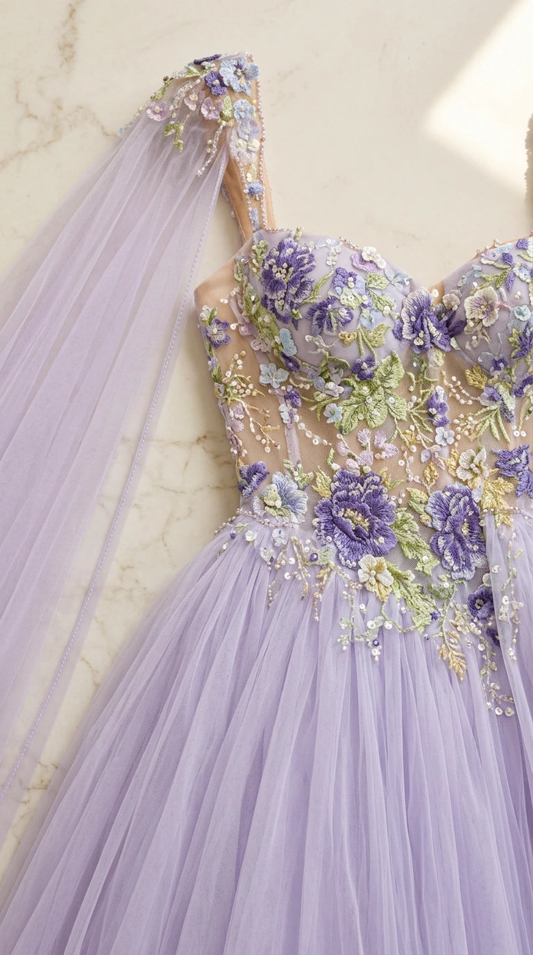 Close-up detail of lavender gown bodice showing floral embroidery and appliqué