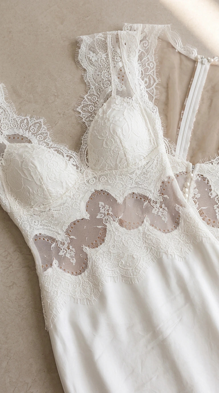 Close-up detail of white lace bodice with padded cups and eyelash trim