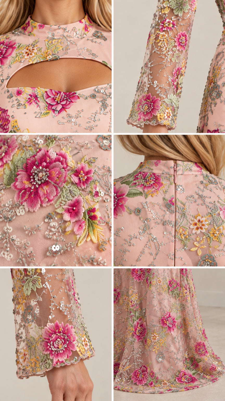 Close-up details of cutout neckline, sequined floral embroidery, sheer sleeve cuff, and back zipper