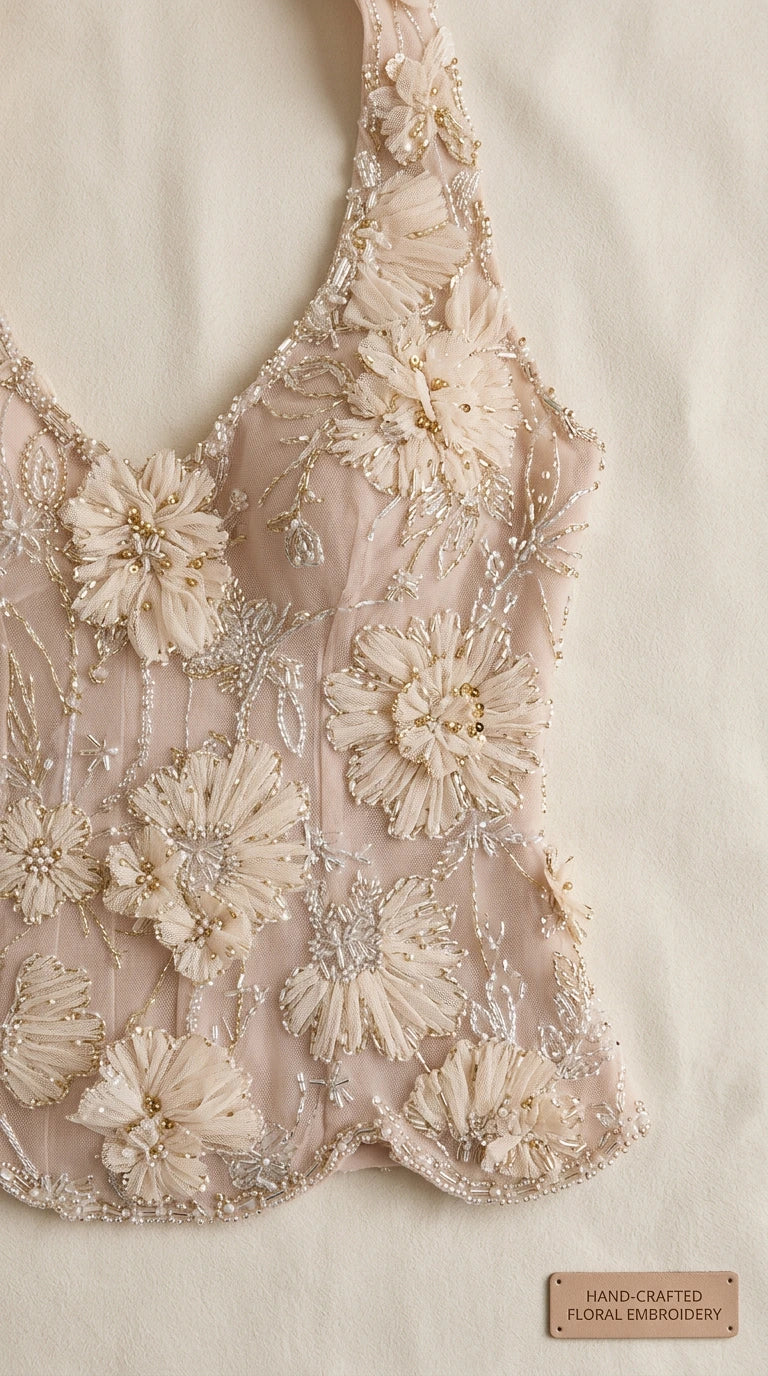 Close-up detail of hand-crafted 3D floral embroidery and beading on bodice