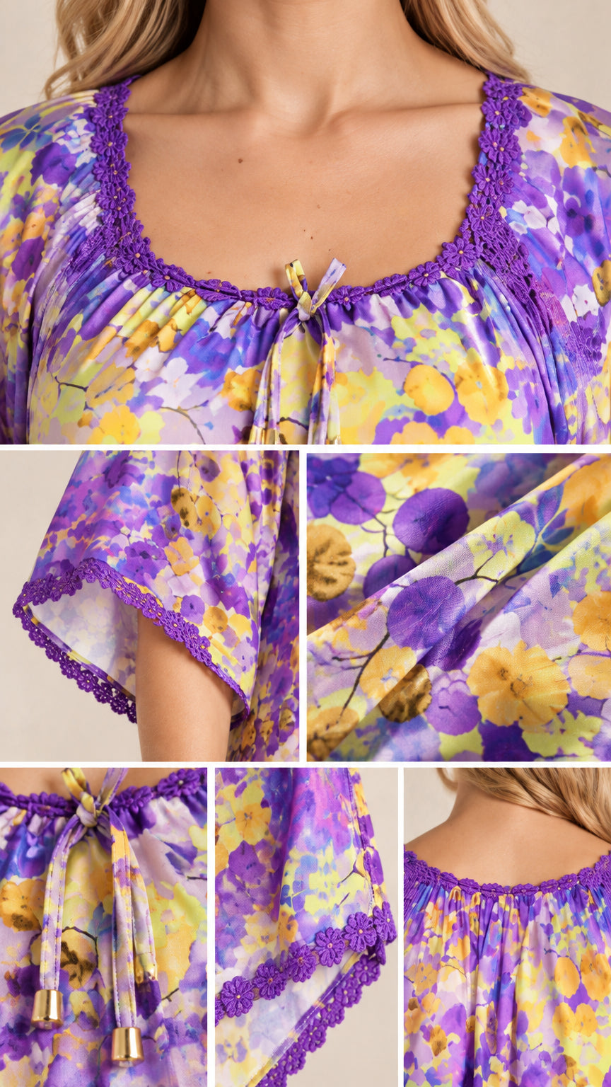 Close-up collage of crochet trim, tie neckline detail, sleeve hem, and watercolor floral fabric