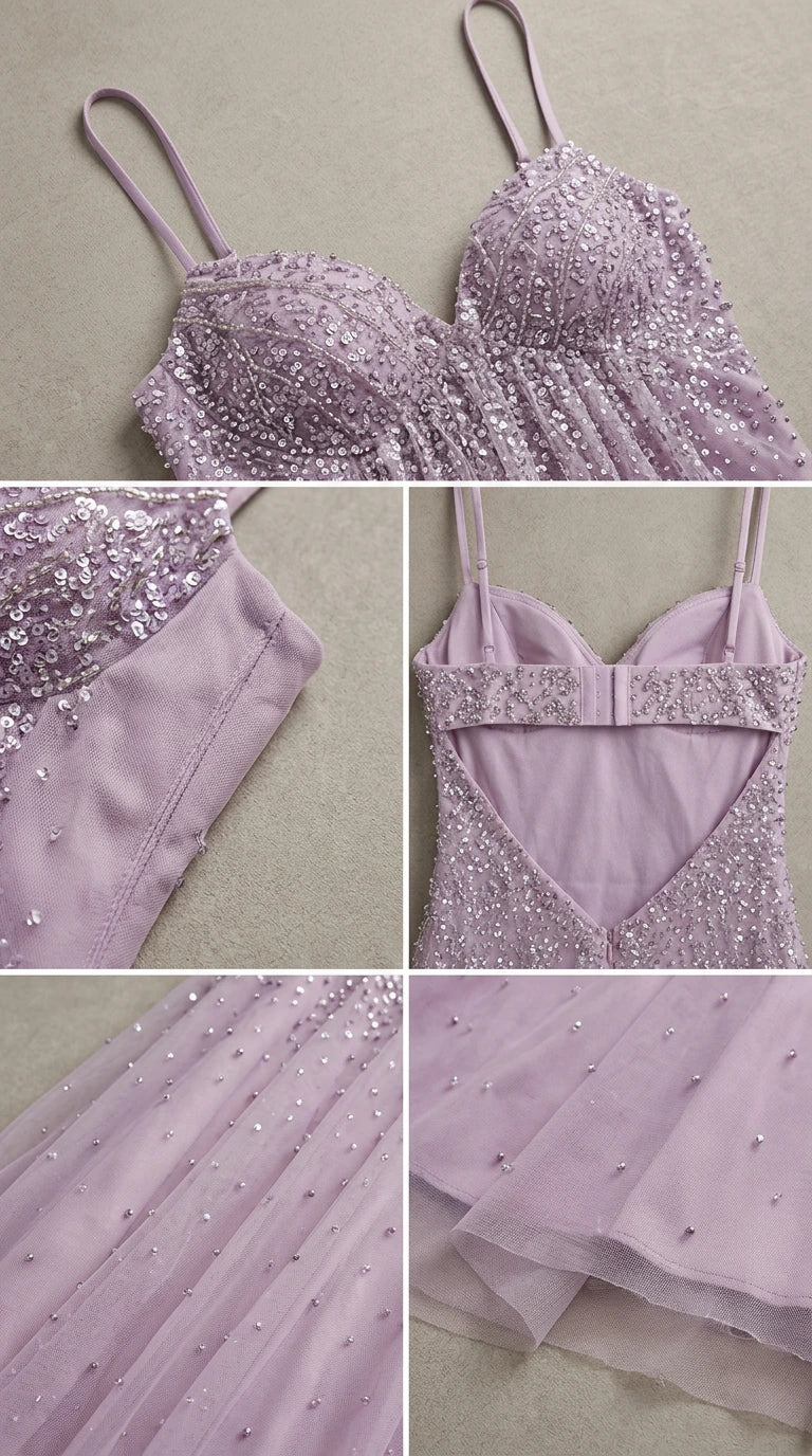 Close-up details of sweetheart bodice, beadwork, back strap, and tulle fabric