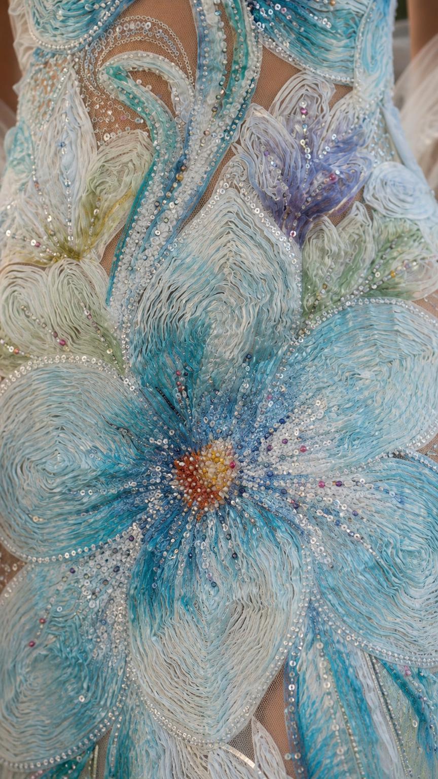 Close-up detail of intricate blue and green floral embroidery