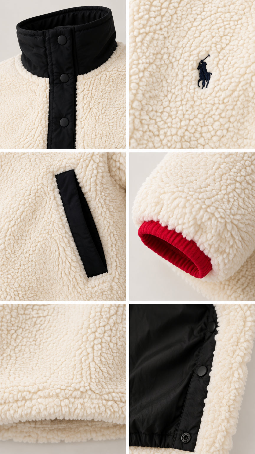 Close-up details of cream sherpa pullover showing snap neckline, chest logo, pocket, and cuff trim